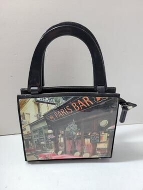 Paris Bar Photo Print Handbag Womens Black Top Handle Purse Structured Boxy